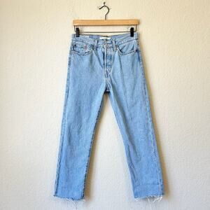 LEVIS Wedgie Straight Jeans Blue Denim Frayed Crop High Rise Grunge